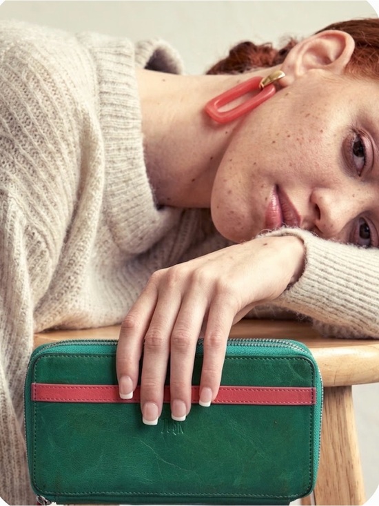 Tusk Handbags - TUSK NYC Leather Double Zip Organizer Wallet Clutch Green Pink Colorblock